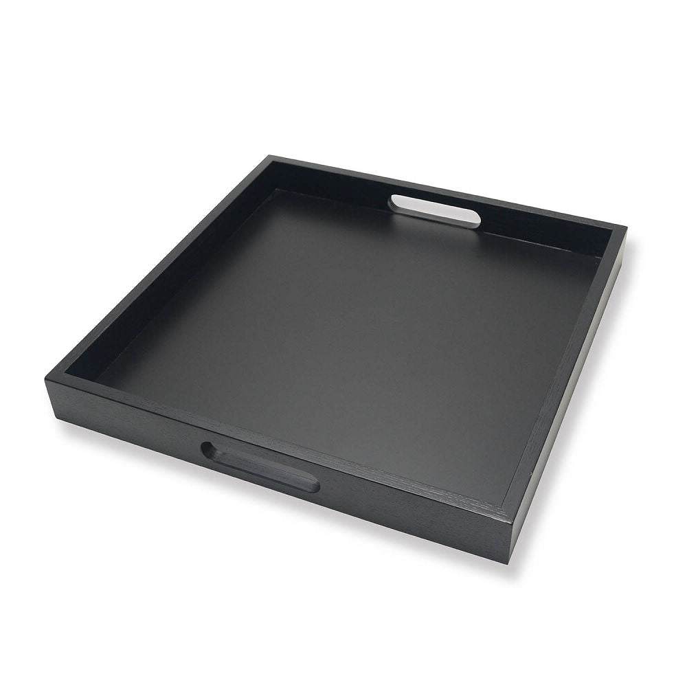 Square Wood Serving Tray with Handle, Ottoman Decorative for Home, 16x16 inches Black